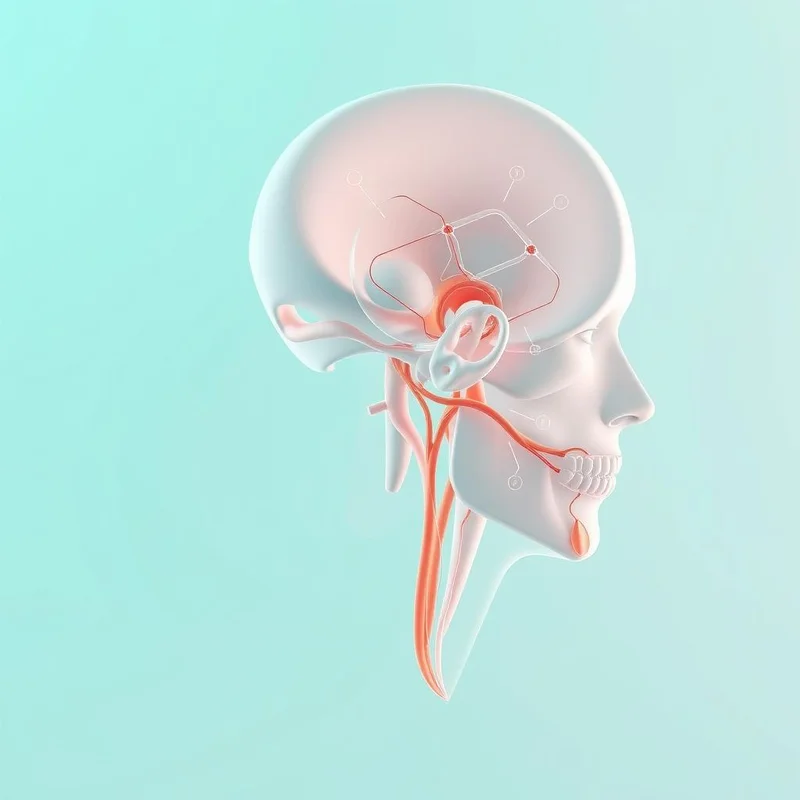 Professional photograph shot on Canon EOS R5, 85mm lens, soft natural light: Create a wide panoramic hero banner medical illustration, featuring a clean, schematic anatomical view of an abstract human head in profile, subtly highlighting the interconnected temporomandibular system. Soft, undulating 3D forms and gentle gradients in pastel teal and white create a serene atmosphere. The composition emphasizes smooth shapes and lines with soft shadows, representing harmony and balance, entirely devoid of text or annotations.