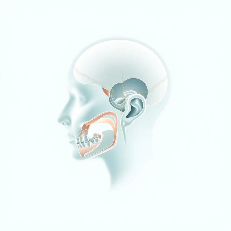 A wide panoramic hero banner medical illustration, featuring a clean, schematic anatomical view of an abstract human head in profile, subtly highlighting the interconnected temporomandibular system. Soft, undulating 3D forms and gentle gradients in pastel teal and white create a serene atmosphere. The composition emphasizes smooth shapes and lines with soft shadows, representing harmony and balance, entirely devoid of text or annotations.